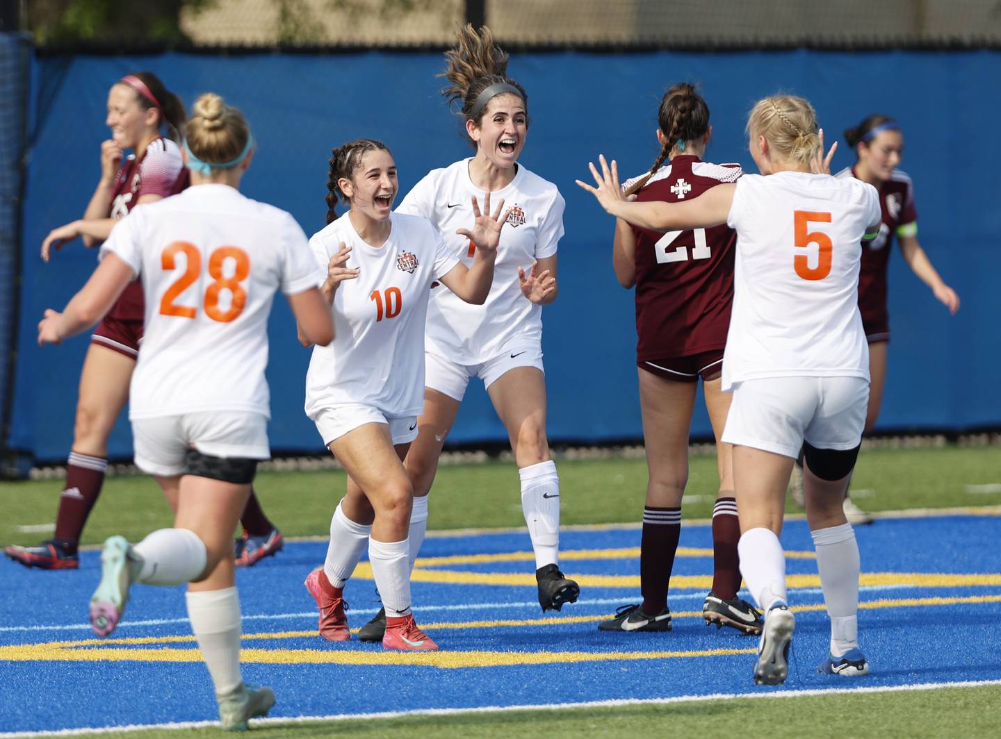 Crystal Lake Central celebrate a goal in the first half by Addison Schaffer against St. Ignatius during the 2A girl's varsity supersectional soccer match between Crystal Lake South and St. Ignatius high schools on Tuesday, June 3, 2025 in Chicago.