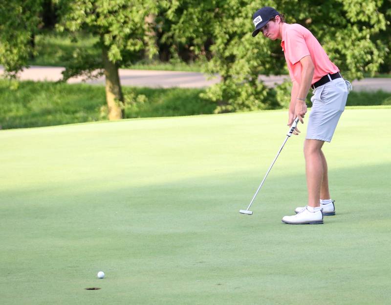 Jacob Miller puts during the Illinois Valley Mens Golf Championship Tournament on Sunday, July 27, 2025 at Spring Creek Golf Course in Spring Valley.