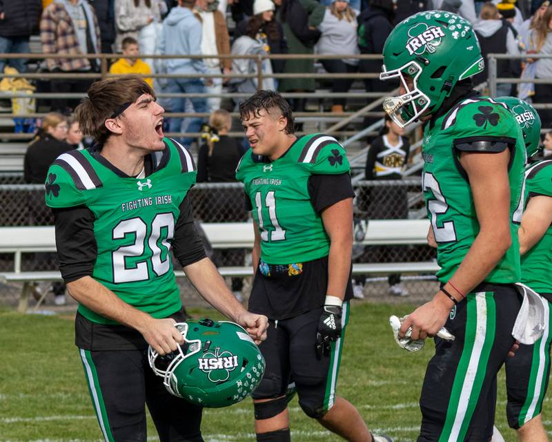 Griffin Hougas (20) of Seneca celebrates after winning first round playoff game on Saturday, November 1, 2025 at Seneca High School in Seneca.