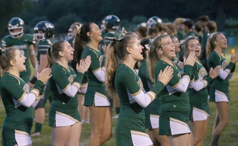 St. Bede cheerleaders clap after the Bruins scored a touchdown against Bureau Valley on Friday Aug. 29, 2025 at St. Bede Academy.