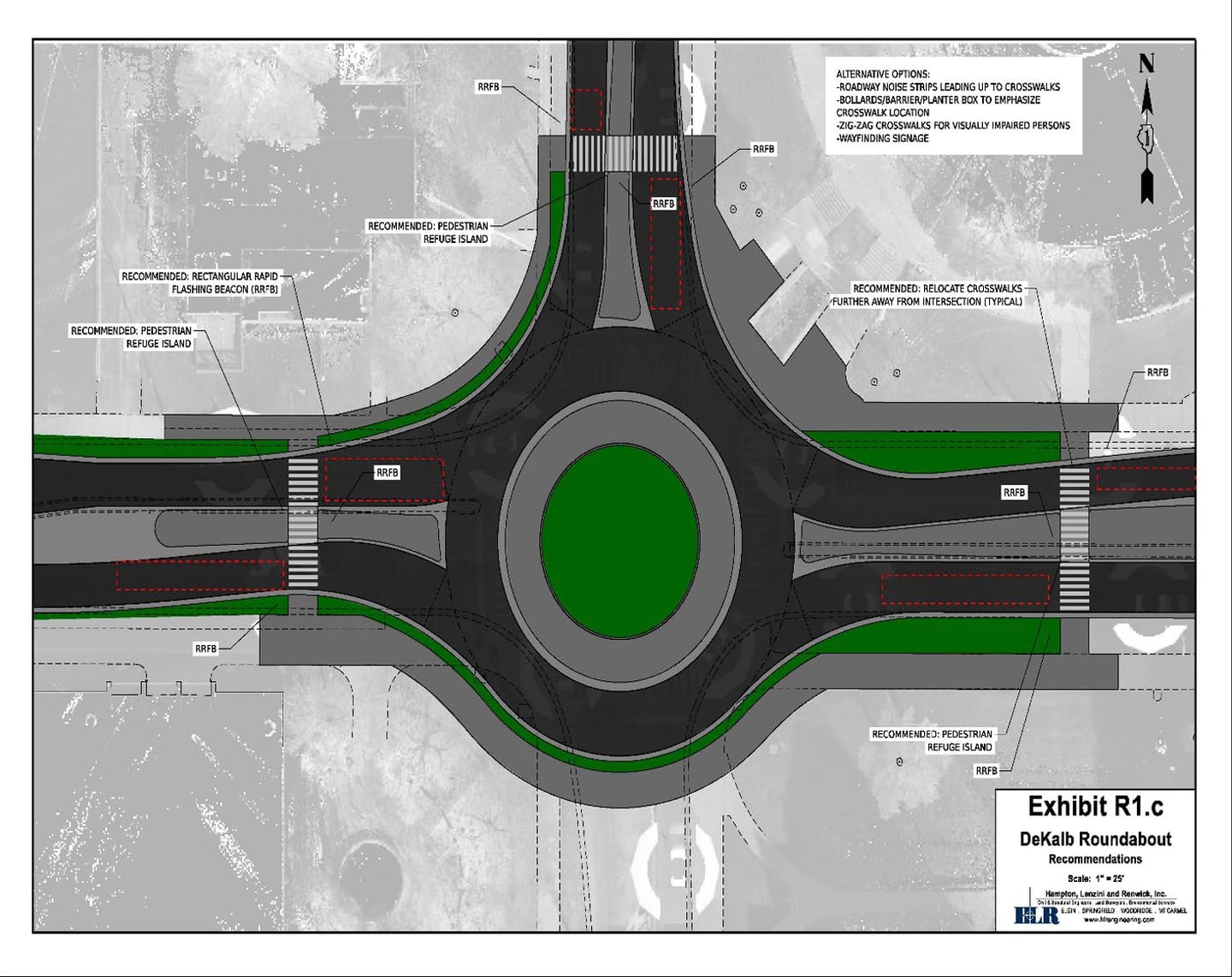 Changes could be coming to north side roads near Northern Illinois University, including a roundabout at Lucinda Avenue and Normal Road, shown here in documents released by the City of DeKalb ahead of a June 26, 2023 DeKalb City Council meeting. Elgin-based civil engineering company Hampton Lenzini and Renwick Inc. presented concept plans of the roundabout ahead of Monday’s meeting.