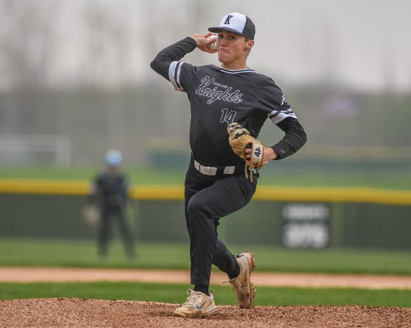 Kaneland's Preston Popovich (14) pitches during the game on Thursday May 1, 2025, while taking on Sycamore held at Kaneland High school.