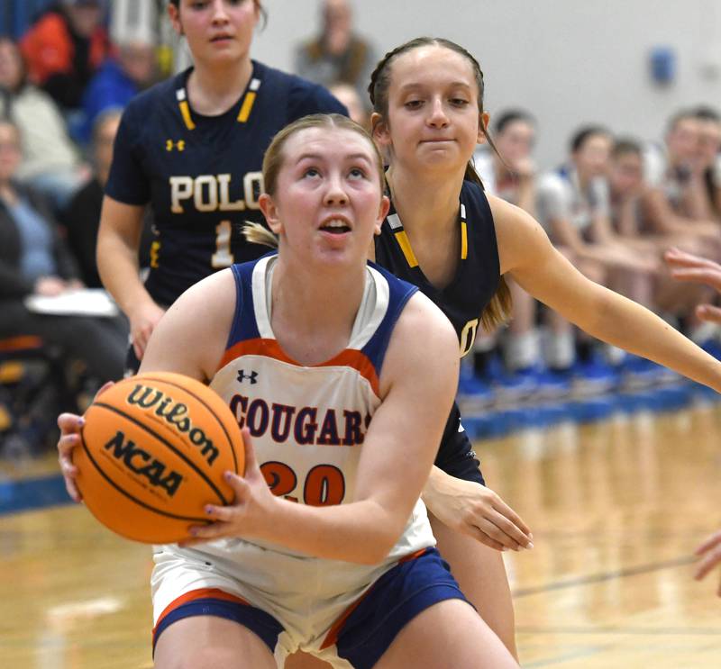 Eastland's Tatum Grim (20) gets ready to shoot as Polo's Laynie Mandrell defends on Tuesday, Feb. 10, 2026 at Eastland High School in Lanark.