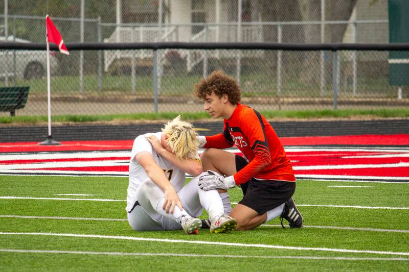 Reed-Custer goalkeeper Vincent Bollino consoles his teammate after the Comets' 3-0 loss to Manteno in the Class 1A Momence Regional championship on Saturday, Oct. 25, 2025.