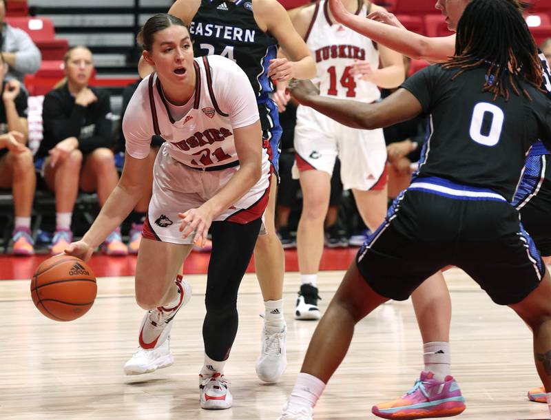Northern Illinois' Jayde Van Hyfte goes baseline against Eastern Illinois' Lalani Ellis during their game Monday, Dec. 18, 2023, at the Convocation Center at NIU in DeKalb.