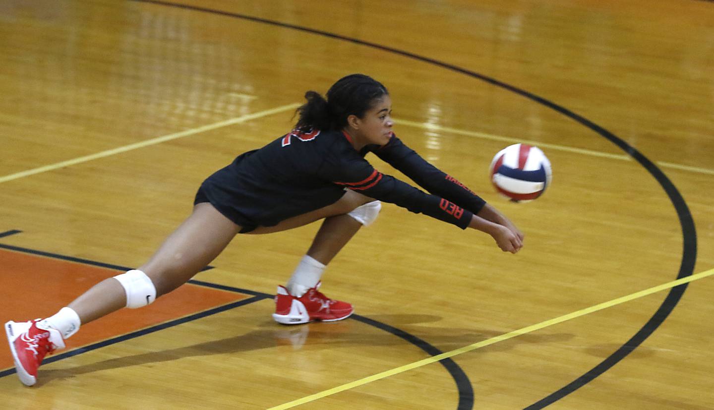 Huntley’s Morgan Jones digs the ball during a Fox Valley Conference volleyball match Tuesday, Aug. 23, 2022, between Crystal Lake Central and Huntley at Crystal Lake Central High School.