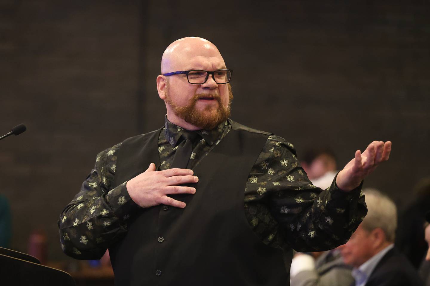 Fredrick Dallmeyer speaks against the proposed data center at the City of Joliet City Council meeting on Monday, March 16, 2026 in Joliet.