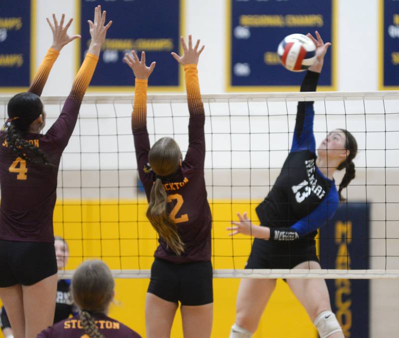 Newark's Rylie Carlson (13) spikes the ball against Stockton during 1A action at the Polo Sectional on Tuesday, Nov. 5, 2024 at Polo High School.