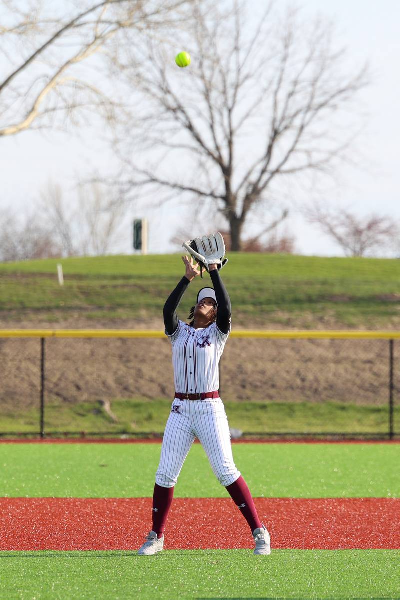 Kankakee's LaMaryah Smith catches a pop up during the Kays 20-11 loss to Crete-Monee on Tuesday, April 7, 2026.