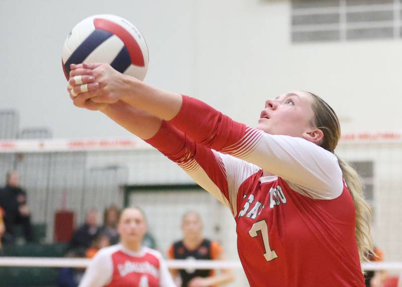 L-P's Aubrey Duttlinger saves the ball during the Class 3A Sectional final game on Thursday, Nov. 6, 2025 in Sellett Gymasium at L-P High School.