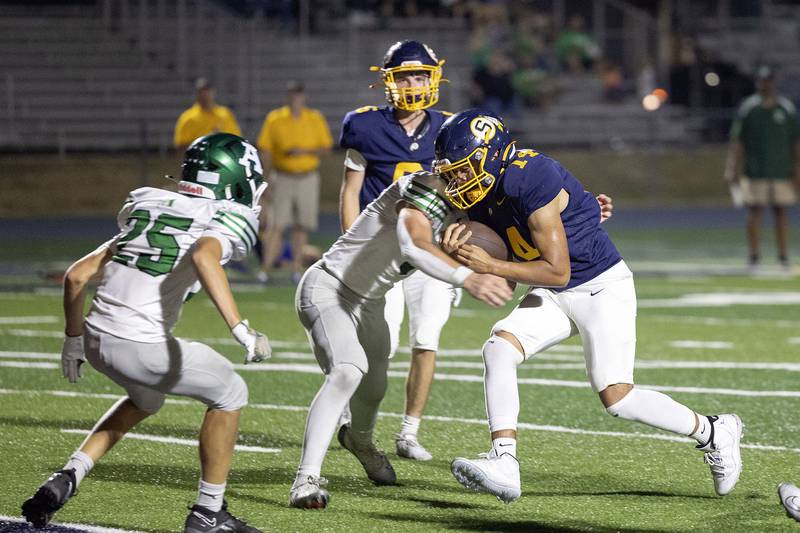 Sterling’s Aaron Sandoval fights into the end zone for a TD against Alleman Friday, Oct. 3, 2025.