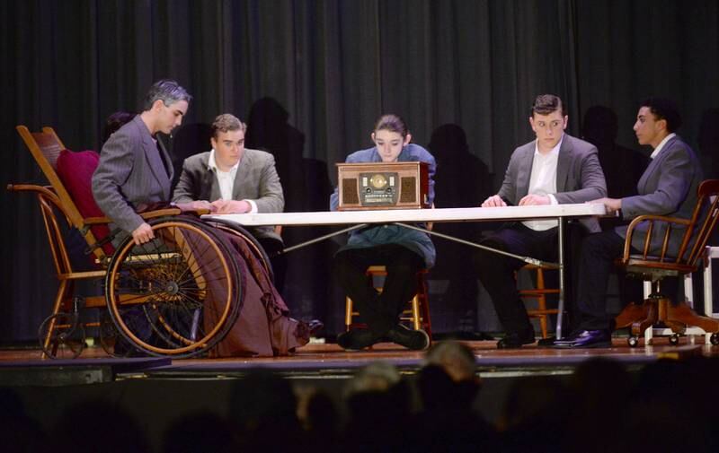 President Roosevelt (Micah Nelson) talks to his cabinet members during Forreston High School's performance of Annie on Sunday, April 28, 2024.