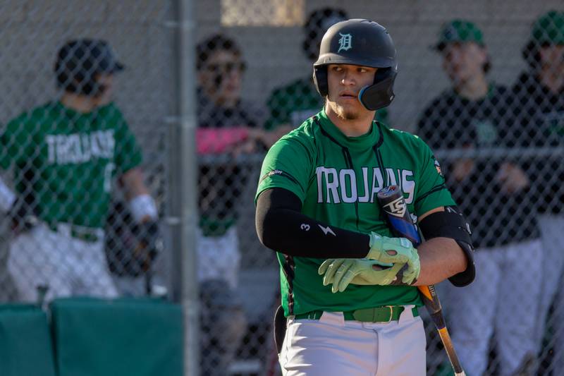 Luke Gallet (3) of Dwight looks at umpire before hitting on Tuesday, April 15, 2025 at St. Bede Academy in Peru.