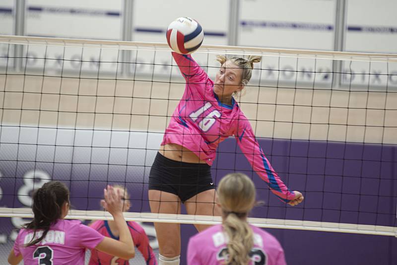 Genoa-Kingston’s Alayna Pierce hammers a shot against Dixon Thursday, Oct. 6, 2022.