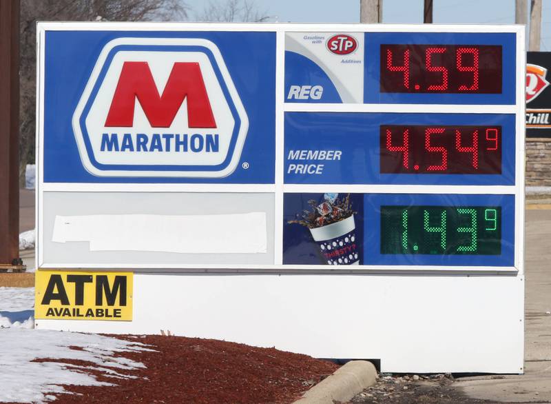 Several stations in DeKalb including the Marathon at 1734 Sycamore Road had their gas priced at $4.59 Tuesday, March 8, 2022, for a gallon of regular unleaded gasoline. US gas prices hit an all time high this week.