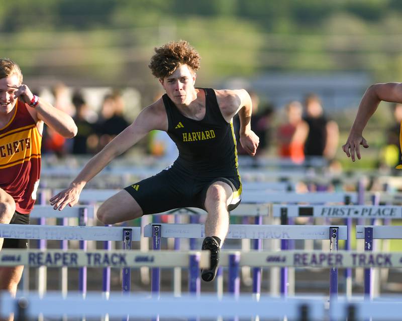 Bernard Bahnsen of Harvard competes in the 110 meter hurdles during the Kishwaukee River Conference track meet on Tuesday May 7, 2024, held at Plano High School.