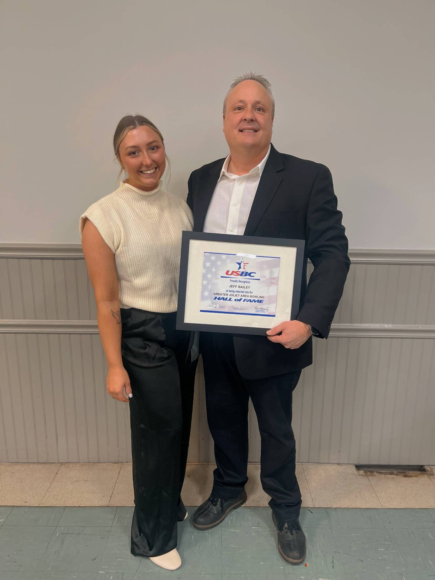 Jeff Bailey (right) with his daughter Taylor Bailey (left) after Jeff was inducted into the Joliet Area Bowling Hall of Fame.