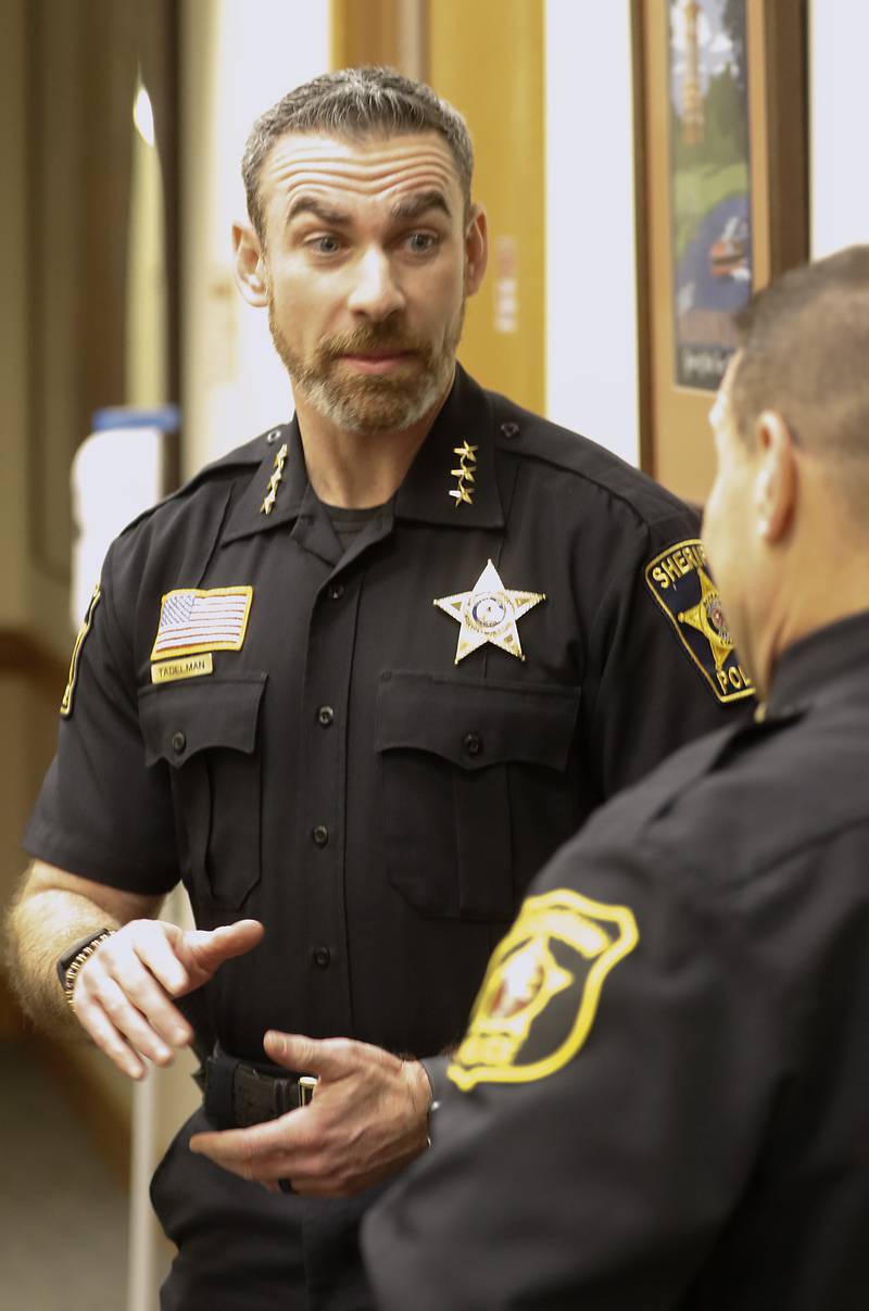 McHenry County Sheriff Robb Tadelman talks with Algonquin Police Chief John Bucci Wednesday, Dec. 7, 2022, before speaking to a class in the Ted Spella Leadership School at the Algonquin Village Hall, 2200 Harnish Drive, in Algonquin.
