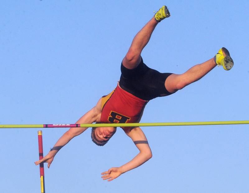 Batavia's Gabriel Benkers clears 4.32 meters in the pole vault during the Roger Wilcox Invitational at Oswego High School on Friday, Apr. 28, 2023.