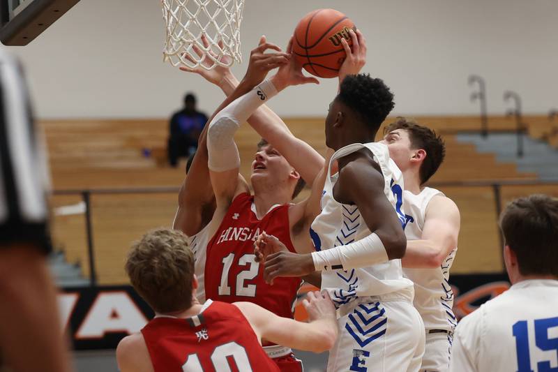 Hinsdale Central’s Ben Oosterbaan draws the foul taking a shot against Lincoln-Way East in the Lincoln-Way West Warrior Showdown on Saturday January 28th, 2023.