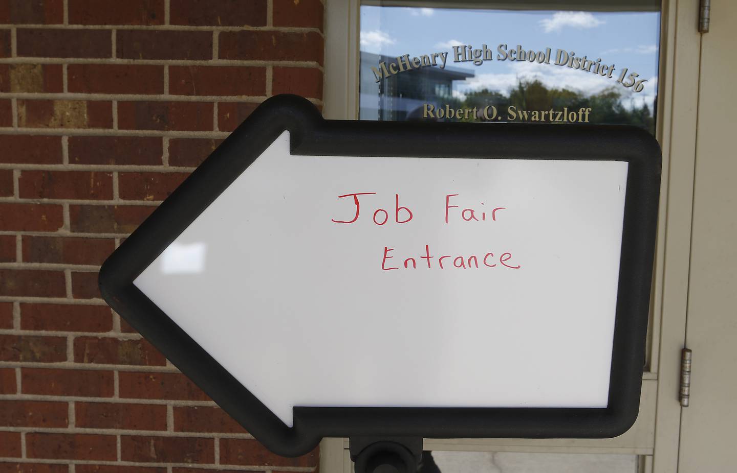 A sign directing job seekers into the board room for a job fair Wednesday,  Sept. 28, 2022, at the McHenry Community High School District Office. The District 156 is looking to fill several available positions in the school district.