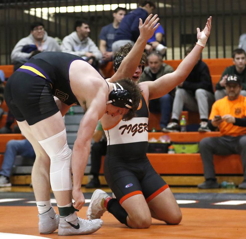 Crystal Lake Central’s Cayden Parks celebrates defeating Wauconda’s Mike Merevick in the 190-pound championship  match in the IHSA 2A Crystal Lake Central Wrestling Sectional on Saturday, Feb. 15, 2025, at Crystal Lake Central High School.
