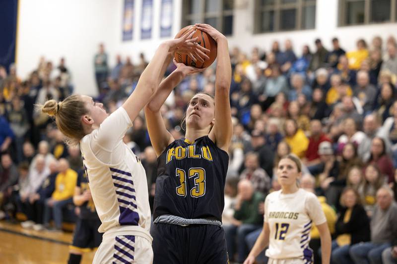 Polo’s Lindee Poper puts up a shot Tuesday, Feb. 21, 2023 in the sectional semifinal against Orangeville.