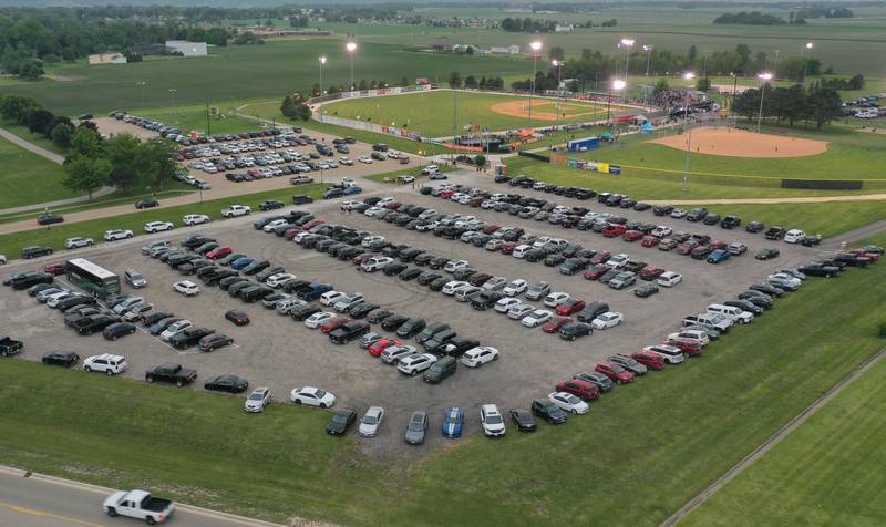 The parking lots are packed with fans attending the Illinois Valley Pistol Shrimp home opener on Friday, May 30, 2025 at Schweickert Stadium in Peru.