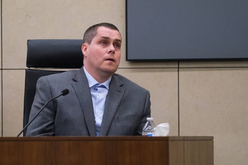 Jeremy Boshears, 36, becomes emotions while giving testimony on the events that transpired the night of Kailtyln Kearns death. Boshears is charged with the murder of Kaitlyn “Katie” Kearns, 24, on Nov. 13, 2017. Wednesday, April 27, 2022, in Joliet.