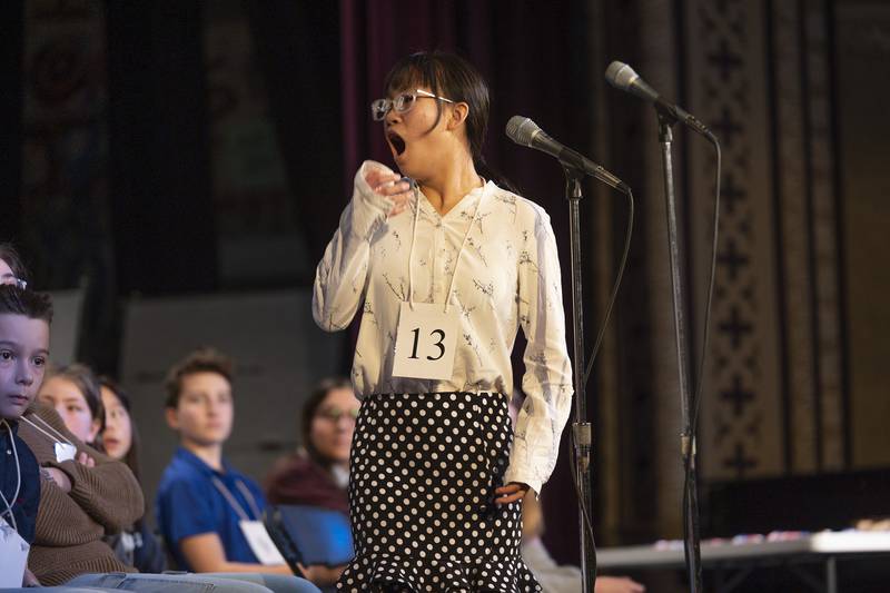 Cindy Pelka of Morrison Junior High School reacts to winning the Lee-Ogle-Whiteside County Regional Spelling Bee on Thursday, Feb. 19, 2026.