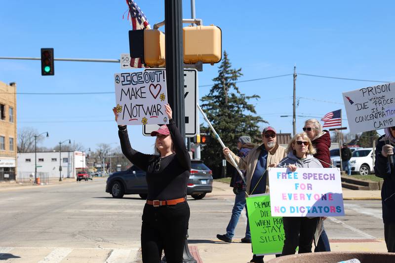 Protesters participate in the No Kings rally at the Kankakee County Courthouse on March 28, 2026.