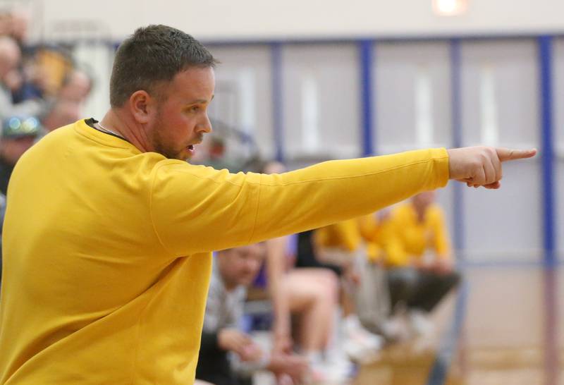 Putnam County head girls basketball coach Jared Sale coaches his team during the Princeton High School Lady Tigers Holiday Tournament on Tuesday, Nov. 14, 2023 in Prouty Gym.