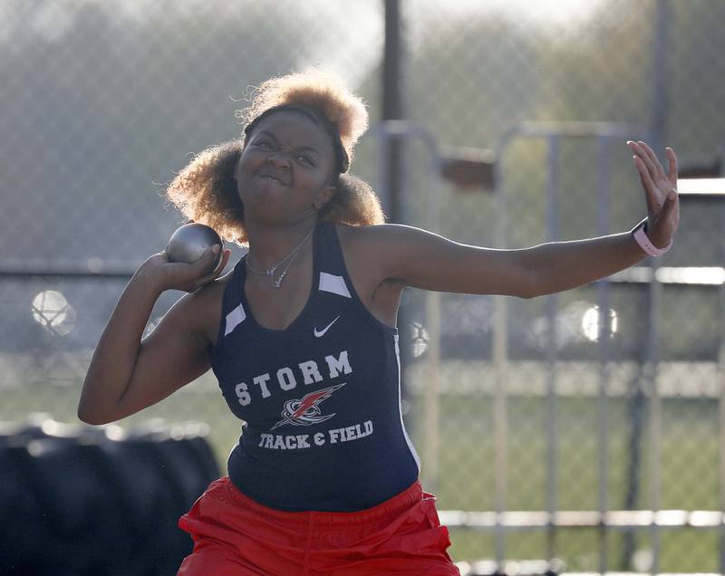 Kyla Bradford, of South Elgin competes in the shot put during the Kane County girls track and field meet Thursday April 27, 2023 in Aurora.