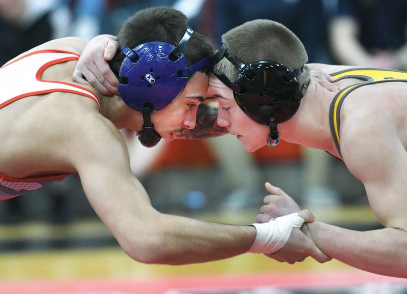Oregon's Josiah Perez (left) won by decision over Lena-Winslow's Keller Otto in the 120-pound championship match at the 1A Stillman Valley Sectional on Saturday, Jan. 31, 2026 at Stillman Valley High School.
