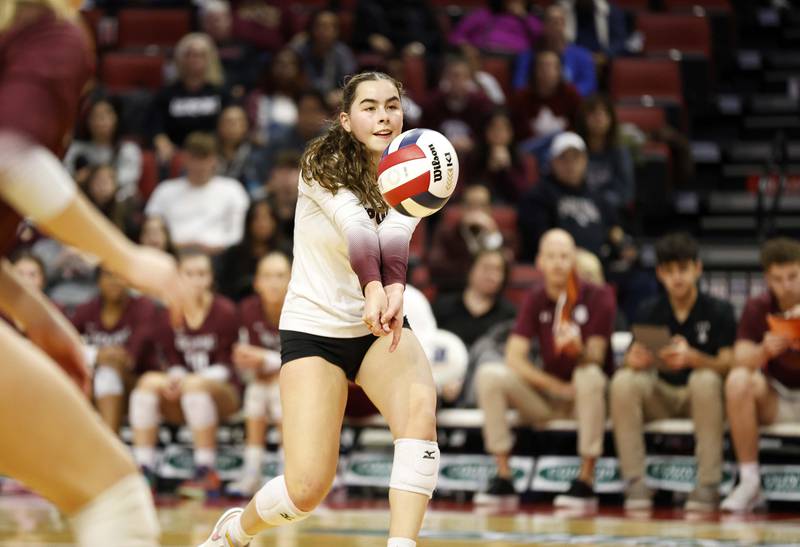 Lockport's Sadie Denk (3) returns the ball during the IHSA Class 4A girls volleyball third place match Saturday, Nov. 16, 2024 at CEFCU Arena in Normal.