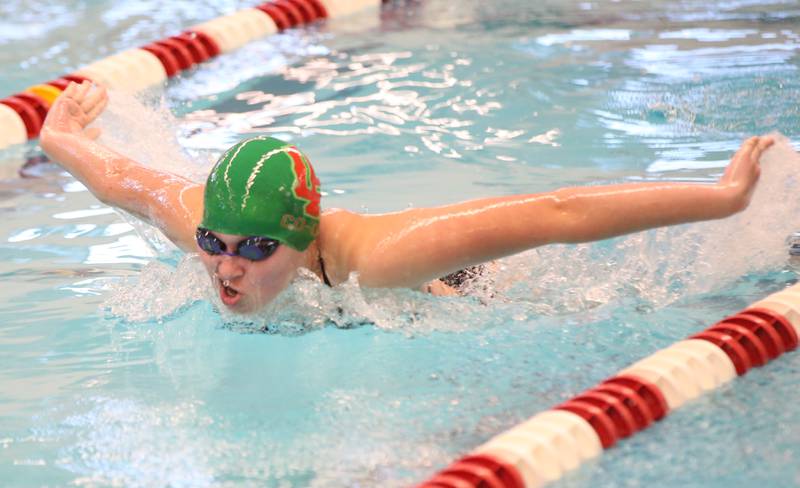 L-P Co-op swimmer Emma Short competes in the 500 yard freestyle during a swimming meet on Tuesday, Oct. 10, 2023 at L-P High School.