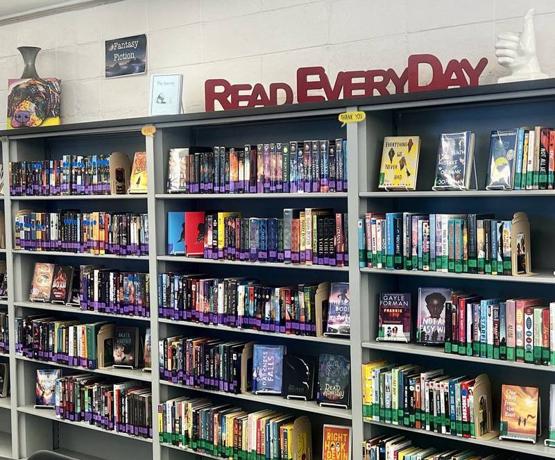 Books line the library shelves inside Sterling's Challand Middle School. District librarian Heather Johnson recently secured a grant awarding the school a special collection of books.