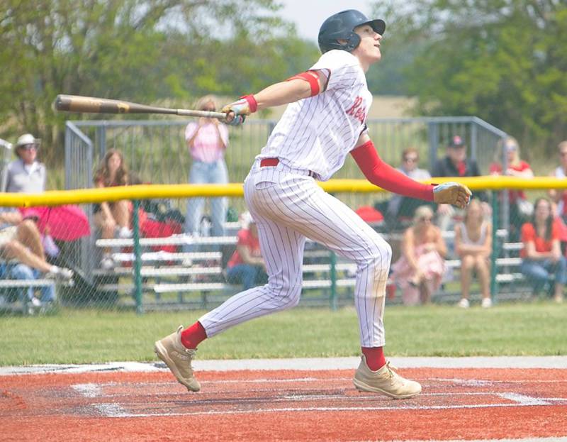 Benet's Quinn Rooney hits a three run homer at the Class 3A Kaneland Regional Final on Saturday, May 31, 2025 in Maple Park.