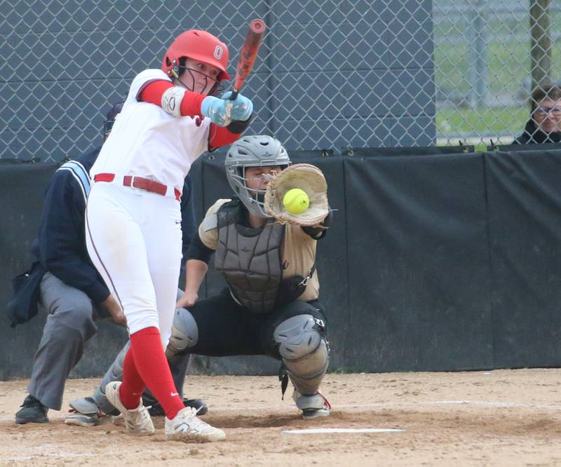 Ottawa's Piper Lewis swings and misses the ball against Sycamore on Tuesday, May 5, 2026 at Peck Park in Ottawa.