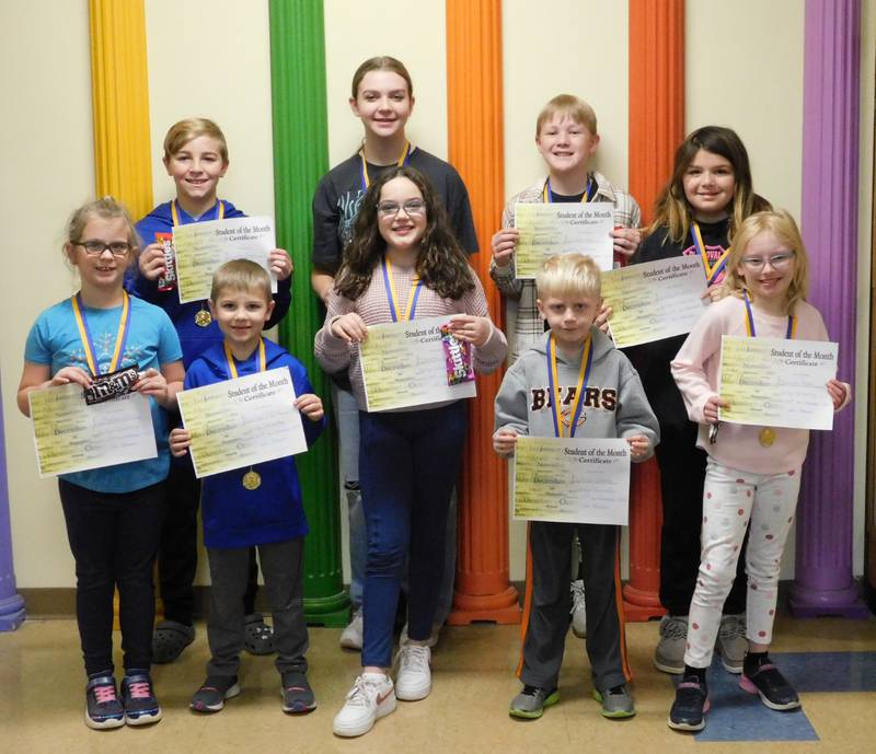 Milton Pope School announced its December 2022 students of the month. They are (front row) second grade Madison Zolo; kindergarten, Jared Ashton; fifth grade Louisa Jeppson; first grade, Lucas Crisman; fourth grade  Lorna Reese, (back row) sixth grade Jack Oslanzi, eighth grade Madilyn Hedge, seventh grade Jaxon Neu and third grade Adalyn Morek.