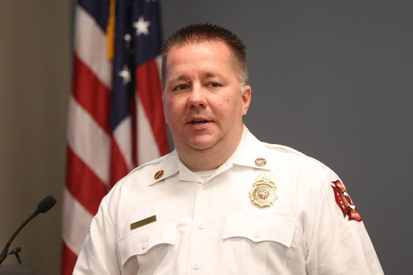 New Lenox Fire Chief Adam Riegel recalls visiting the memorial site for Unite Flight 93 in Pennsylvania for a 9/11 commemoration at the New Lenox Police Department on Monday, Sept. 11, 2023 in New Lenox.