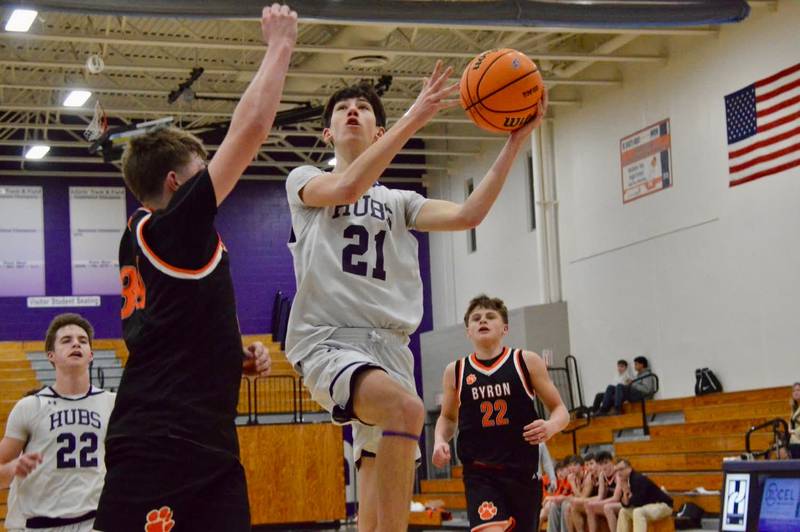 Rochelle's Eliot Kessen scores two of his 10 points during the Hubs' sophomore basketball game with Byron.