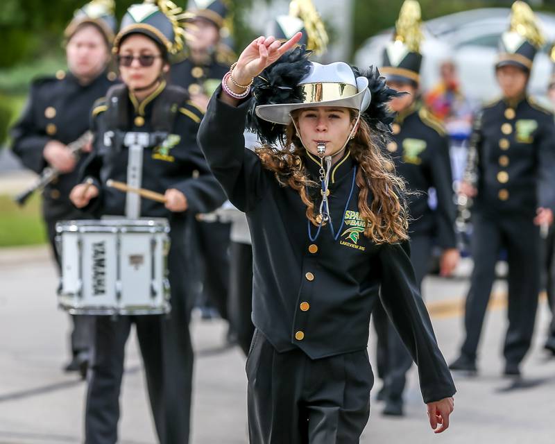The Lakeview High School marching band led off the Downers Grove South Homecoming Parade. Sept 28, 2024 in Downers Grove.