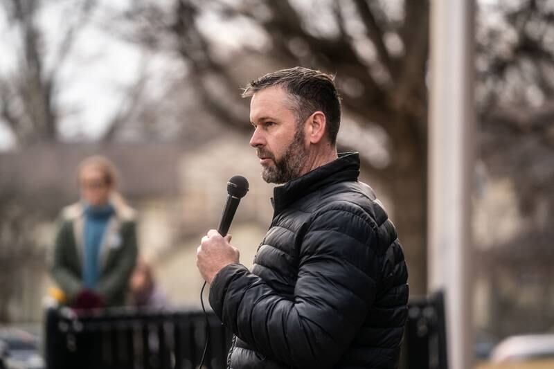 Kane County Sheriff Ron Hain speaks during a rally to protest the war in Ukraine in front of the old Kane County courthouse steps on Third St in Geneva on Sunday, March 6, 2022.