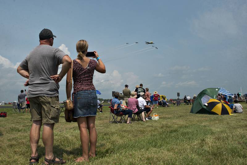 The roar of the twin engines on the DC-3 echoes over the visitors to the ACCA Air Show on Saturday, July 24, 2021, at Whiteside County Airport near Rock Falls.