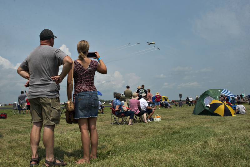 The roar of the twin engines on the DC-3 echoes over the visitors to the ACCA Air Show on Saturday, July 24, 2021, at Whiteside County Airport near Rock Falls.