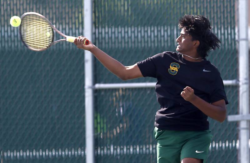 Stevenson’s Nikhil Vijayakumar returns the ball as he competes in the Class 2A Boys State Tennis Tournament on Thursday, May 23, 2024, at Hersey High School in Arlington Heights.