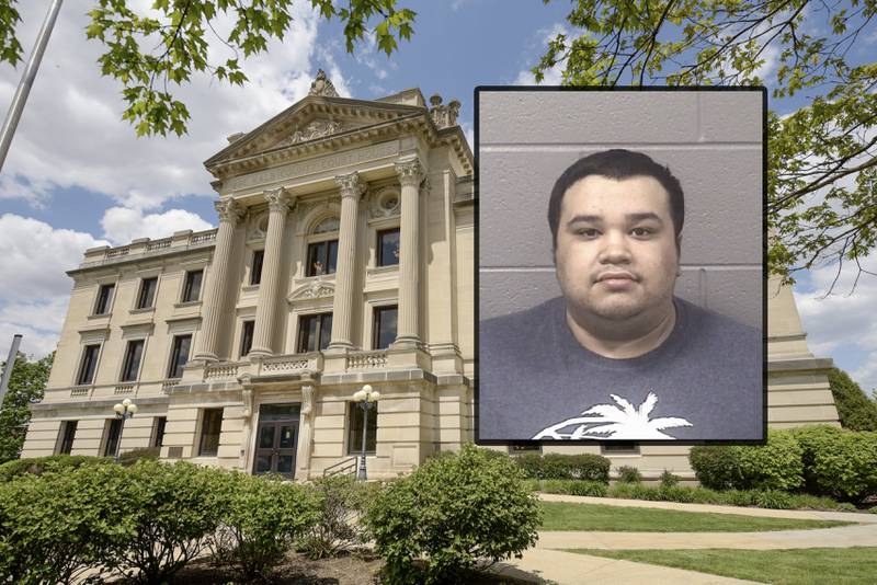 Jose A. Medellin, 26, of the 300 block of Wentworth Drive, Sandwich, was sentenced by DeKalb County Judge to four years in the Illinois Department of Corrections for three counts of possession of child pornography of a victim young than 13, according to a Nov. 7, 2022 news release from the Illinois attorney general’s office. Medellin was arrested in Dec. 2020, records show. (Inset provided by DeKalb County Jail, courthouse photo by Mark Black for Shaw Local)