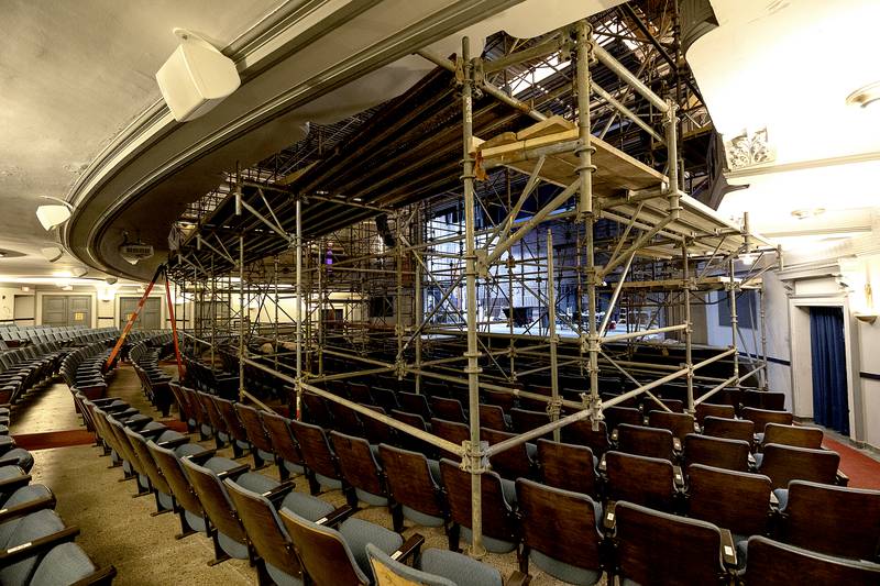 Scaffolding at The Dixon: Historic Theatre on Monday, Nov. 25, 2024, rises from the floor to the roof.