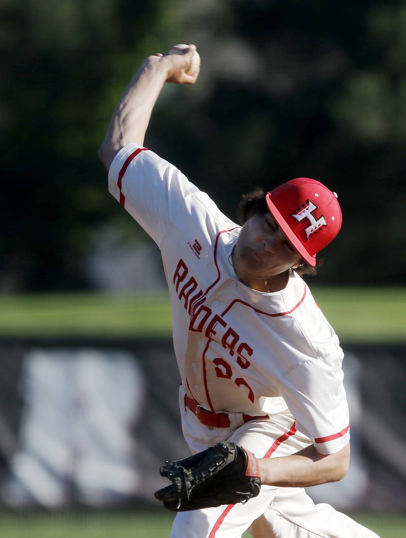 Huntley's Sean Dabe pitches during a Fox Valley Conference baseball game against Dundee-Crown on Friday, May 9, 2025, at Huntley High School.